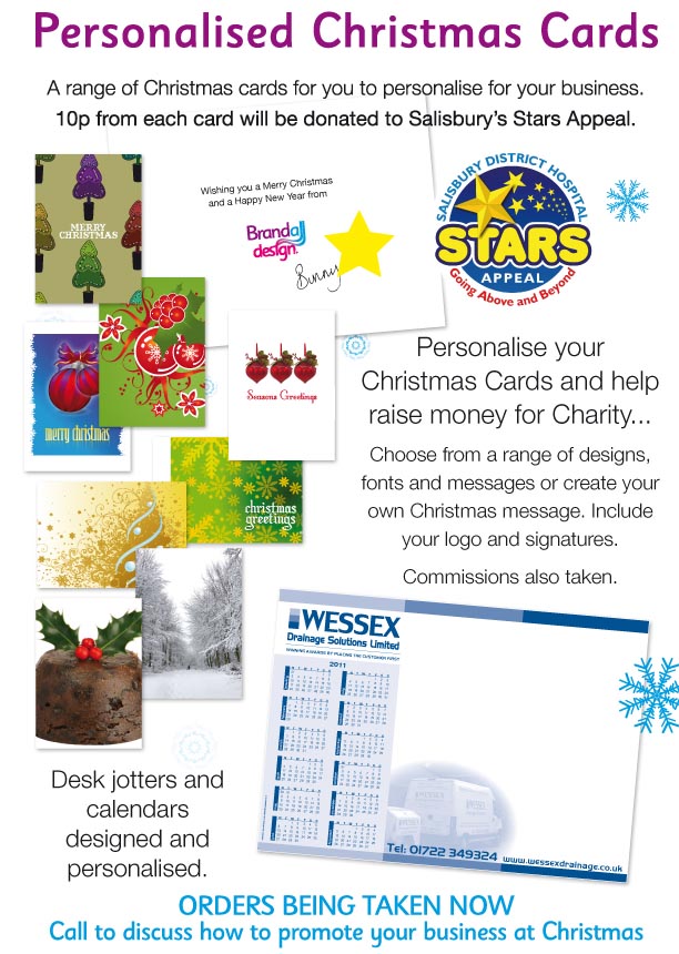 charity christmas cards. Cards for business, jotter pads. Salisbury Andover Christmas Design. Salisbury Stars Appeal